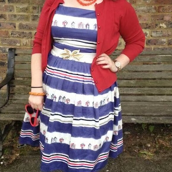 Laura Ashley Retro Nautical Stripes Parisan beach hut cotton midi dress 7 - Picture 2 of 4